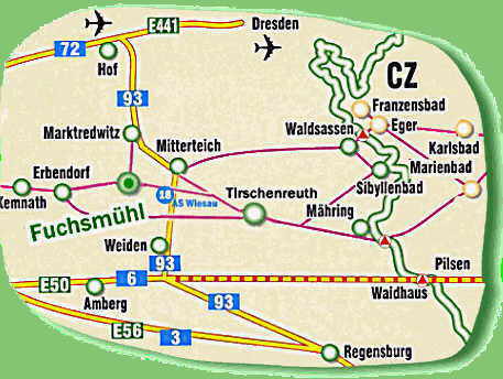 ber die A93: Ausfahrt Wiesau/ Fuchsmhl, bis Ortsmitte Fuchsmhl 4km